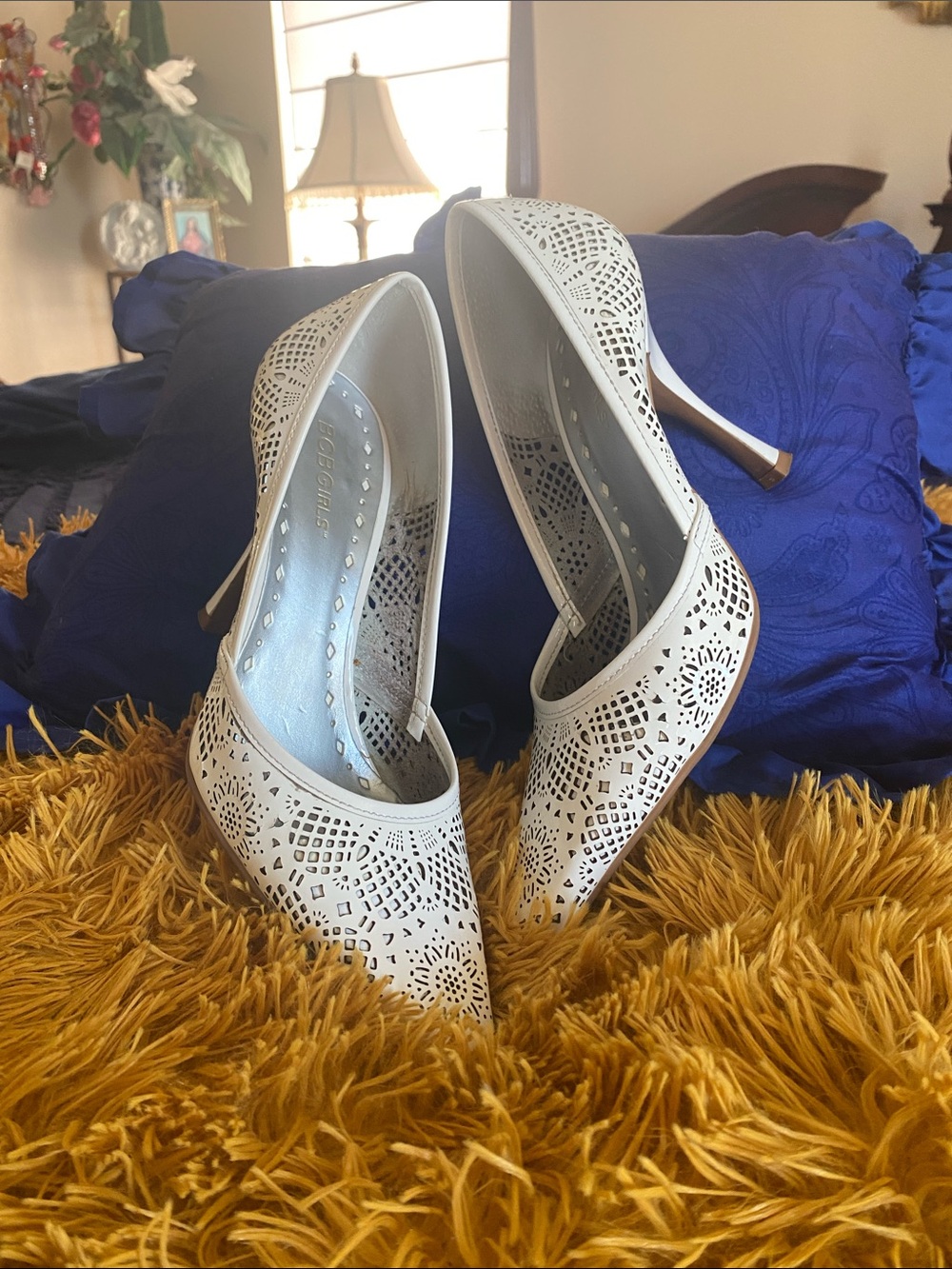 BCBGirls White Laser-Cut Pointed Toe Heels